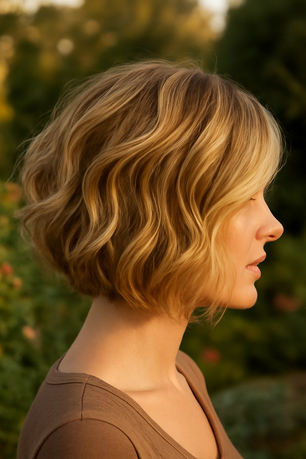 Wavy stacked bob hairstyle with textured layers and natural movement