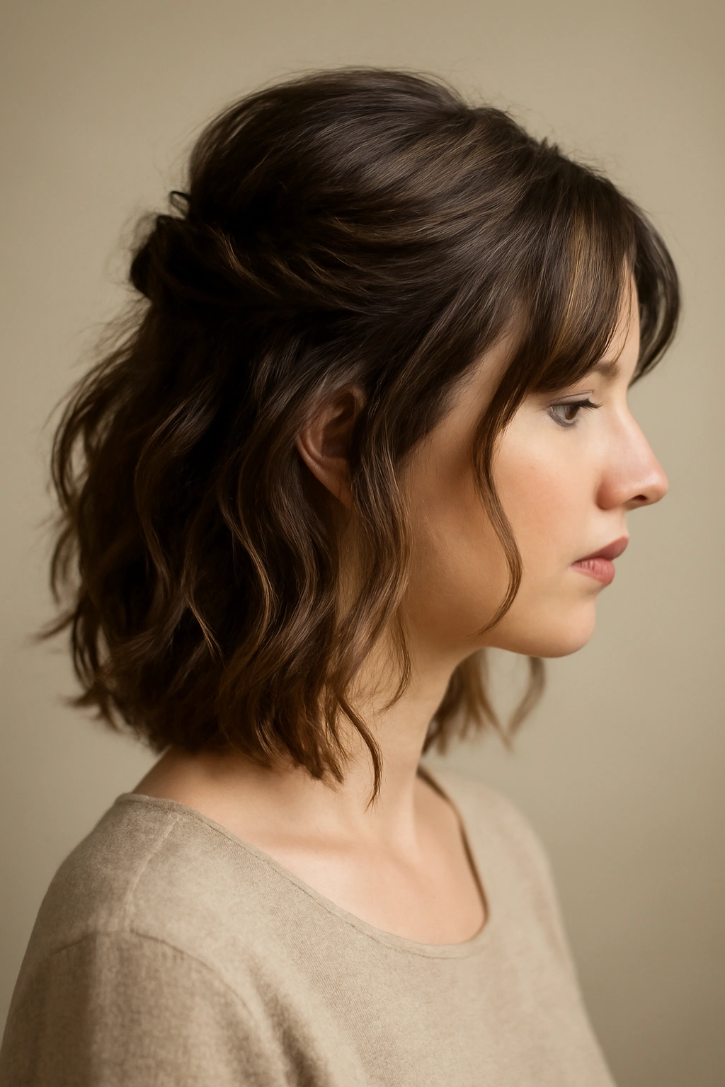 Romantic wavy half-up hairstyle with loose strands around the face