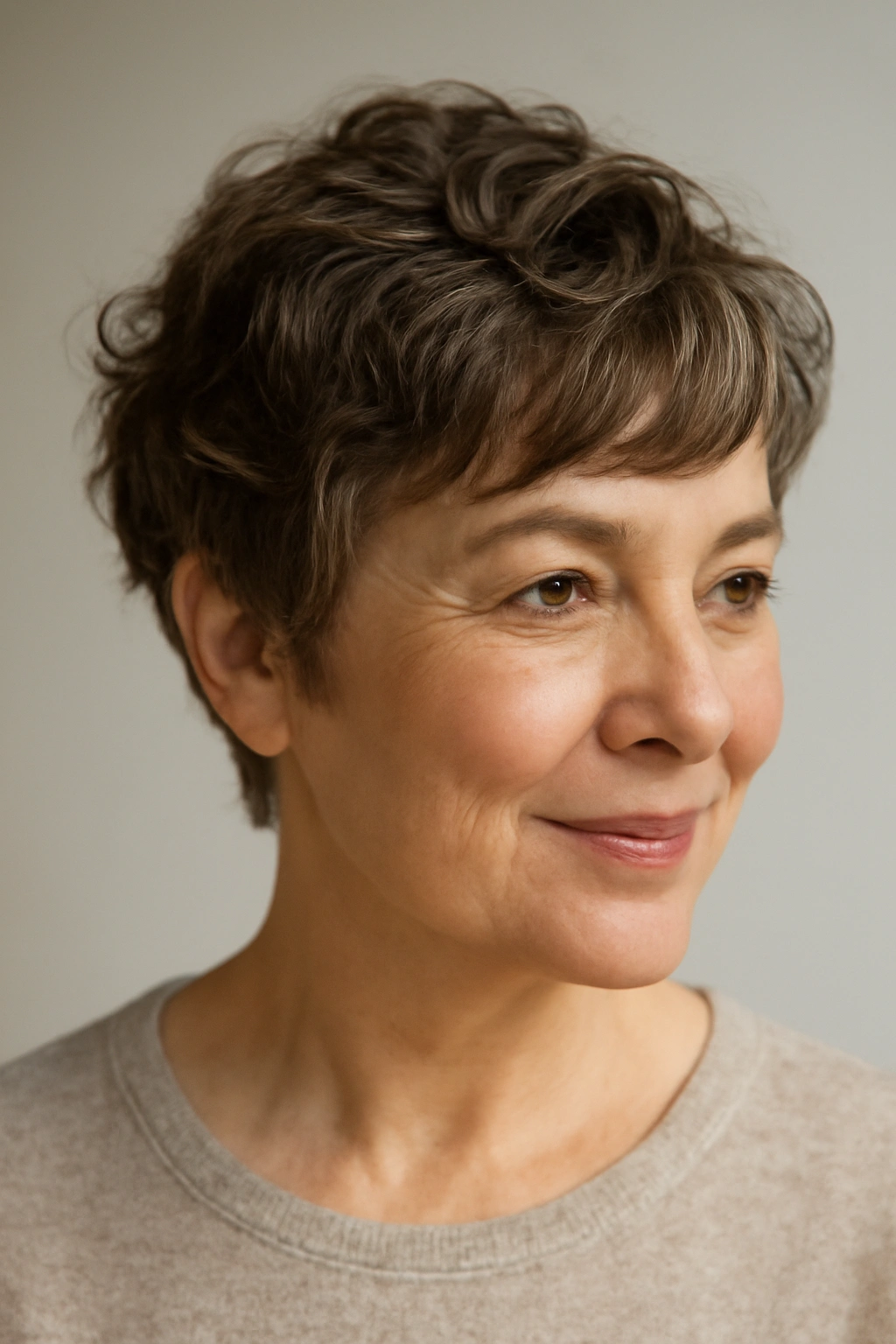Close-up of a wavy pixie haircut with natural texture and movement