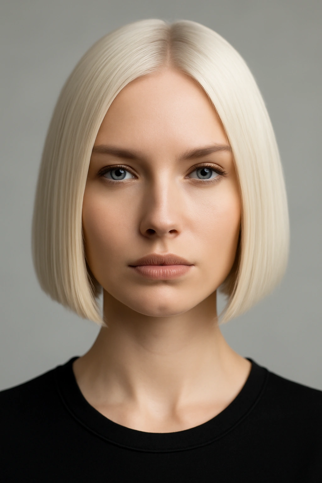 Head-on view of a sleek white blonde bob with sharp lines