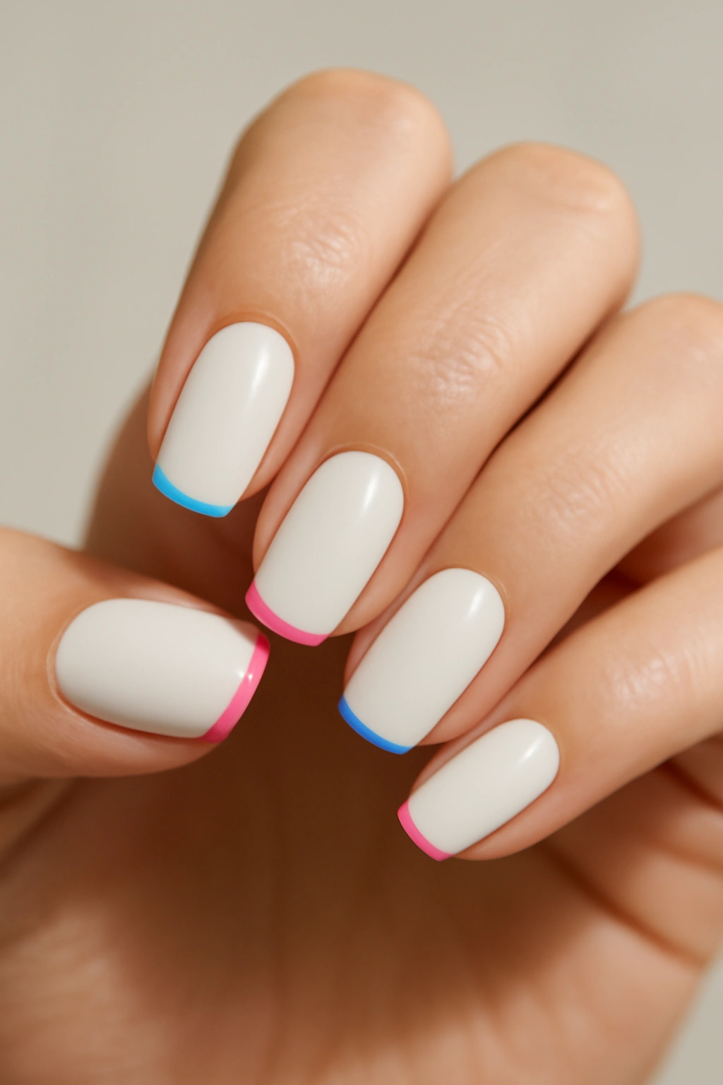 Close-up of white nails with bright colored tips