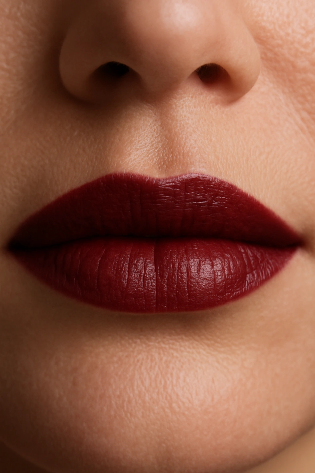 Close-up lips in wine red lipstick with plum-red undertones.