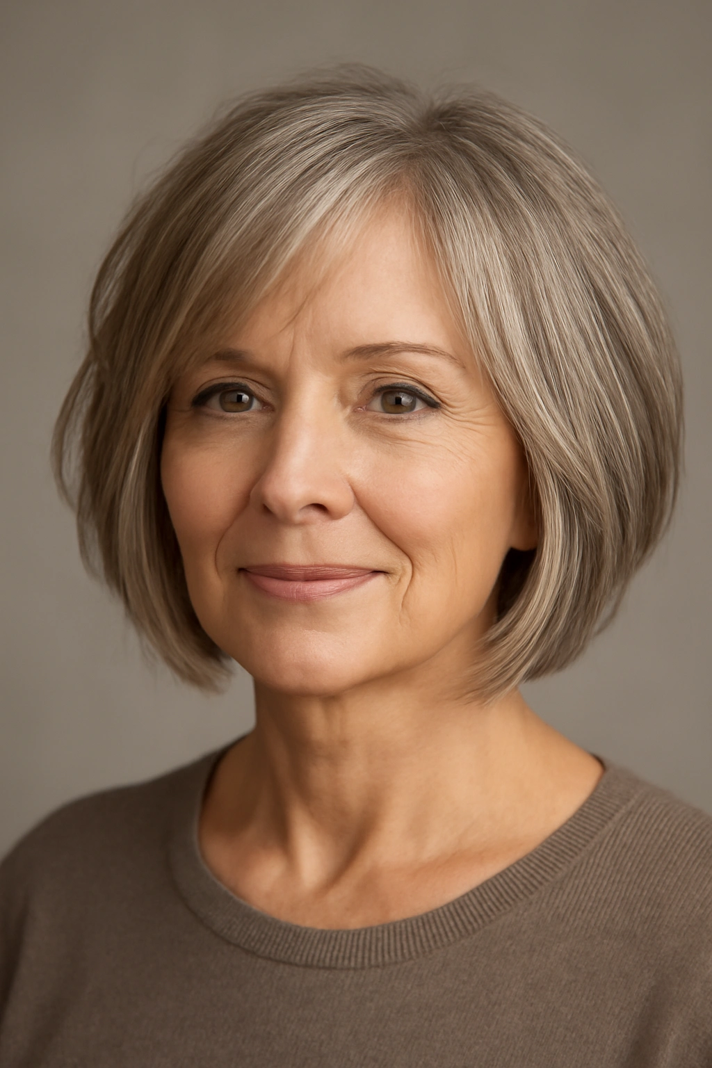 Close-up of a woman with a chin-length layered bob showing fullness
