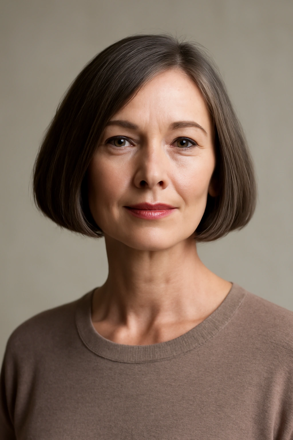 Portrait of a mature woman with a chic French bob at jawline with blunt ends.