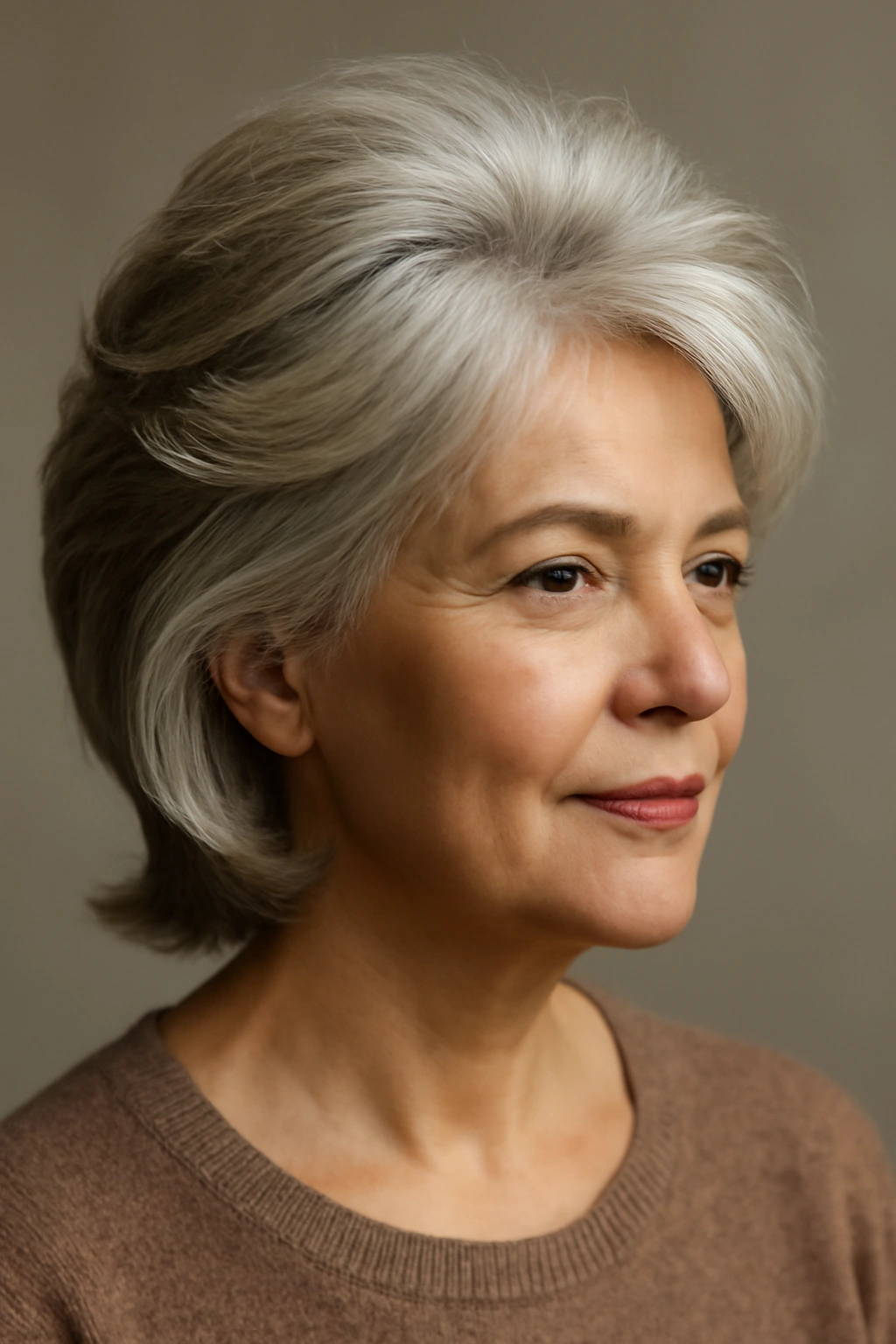 Portrait of a woman with crown-area layers flipped up for lift