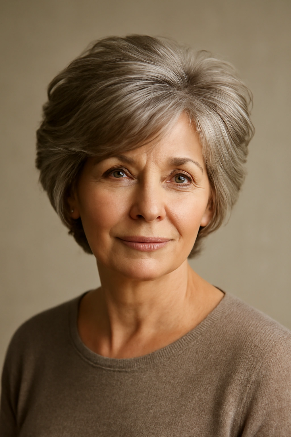 Portrait of a mature woman with crown-volume hairstyle featuring lift at the crown.