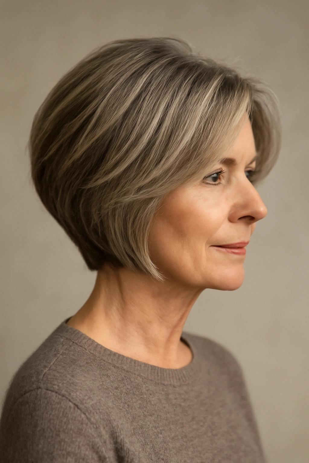 Close-up portrait of a mature woman in a graduated bob with stacked back and longer front pieces.