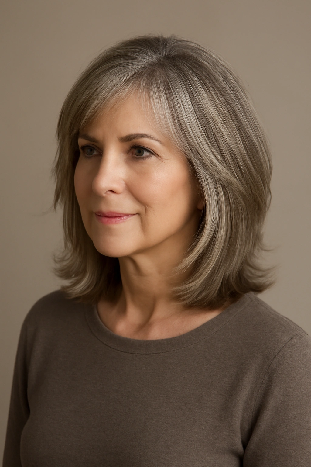 Portrait of a woman with layered shoulder-length hair and face-framing layers
