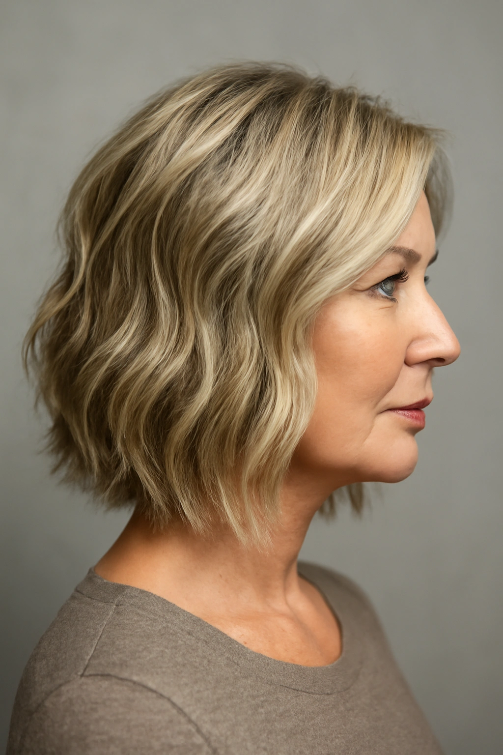 Profile of a woman with a textured long bob featuring waves and layers