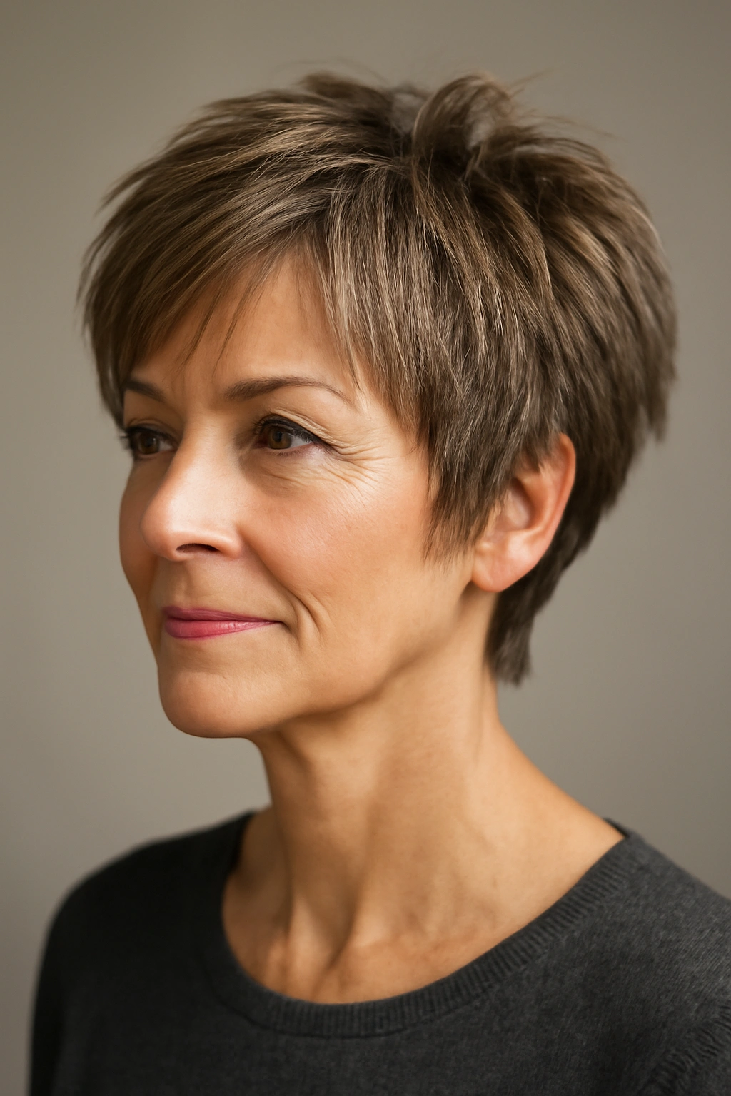 Close-up of a woman with a layered pixie cut showing crown height