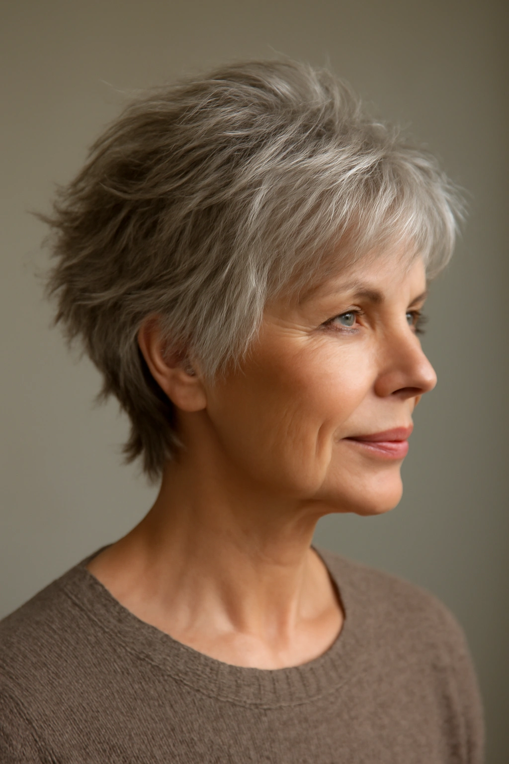 Close-up portrait of a mature woman with razor-cut textured pixie hairstyle.