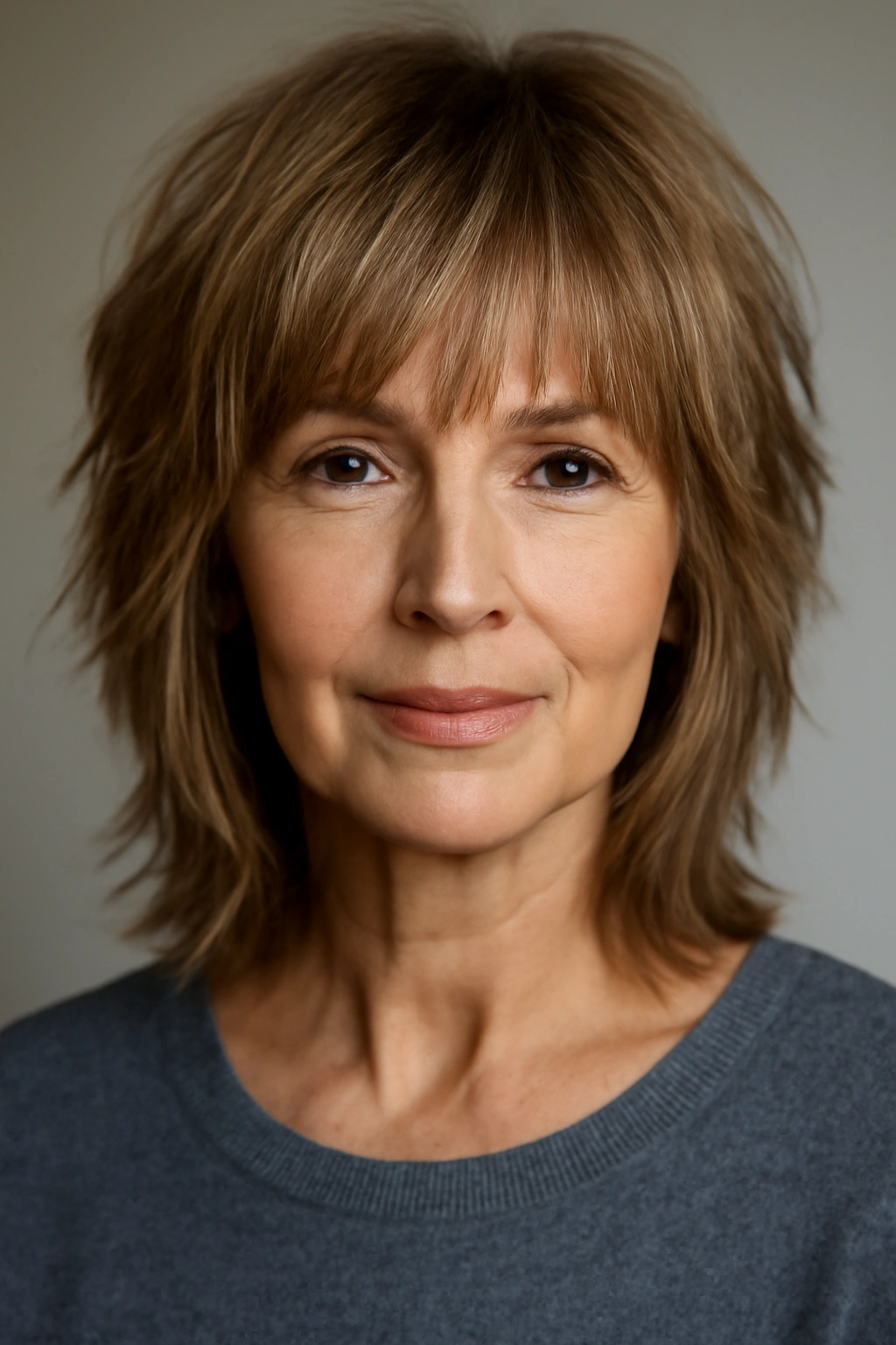 Close-up of a woman with a shag haircut and fringe