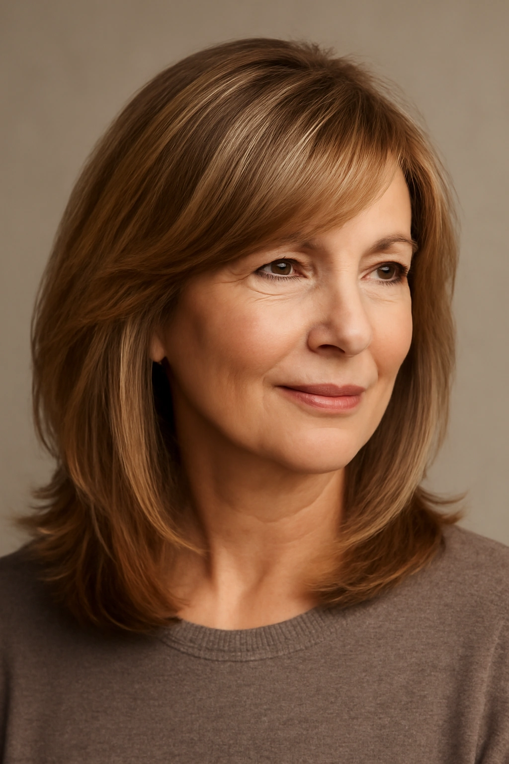 Close-up portrait of a mature woman with soft layered hair and side-swept bangs.