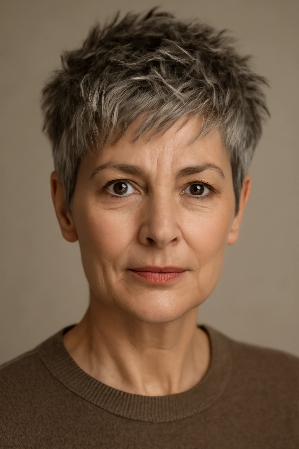 Close-up of a woman’s short textured crop with choppy layers