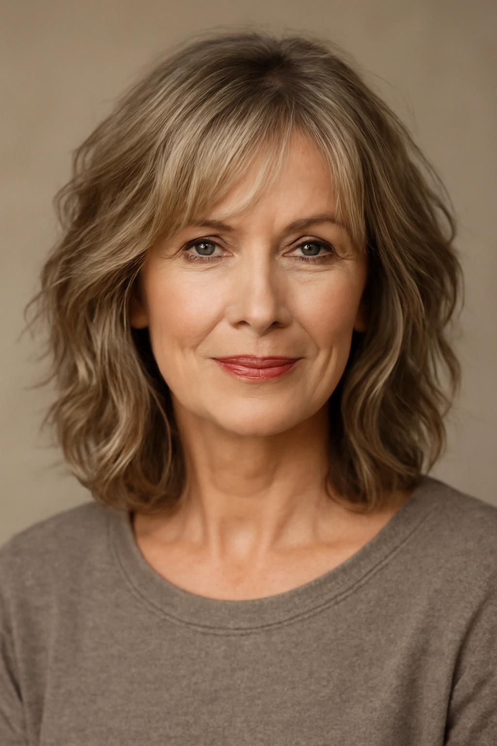 Portrait of a mature woman with shoulder-length textured waves and face-framing layers.