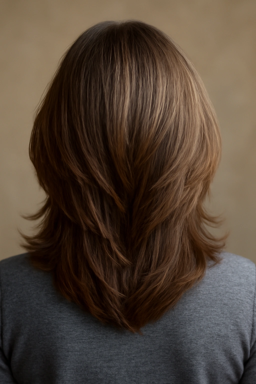 Woman with long V-cut hairstyle and layered lengths viewed from back or side